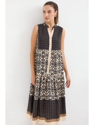 2516 Desenli Sıfır Kol Viskon Elbise  Siyah