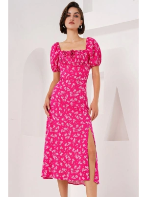 27 Yırtmaç Detaylı Elbise  Fuşya