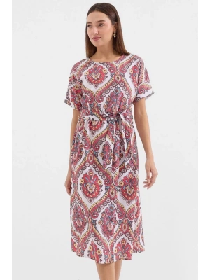 29 Kemerli Keten Elbise  Nar