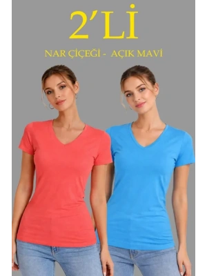 2li V Yaka Tişört – Kısa Kollu Yazlık lim Fit Body  Nar Çiçeği  Açık avi