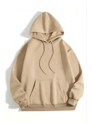 3 İplik Pamuklu Unisex Kapşonlu weetshirt  Bej