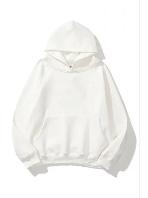 3 İplik Pamuklu Unisex Kapşonlu weetshirt  Beyaz