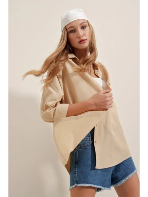 3900 Oversize Uzun Basic Gömlek  Bej