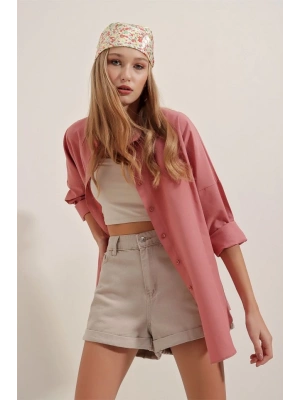 3900 Oversize Uzun Basic Gömlek  Gül Kurusu