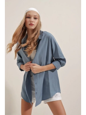 3900 Oversize Uzun Basic Gömlek  İndigo