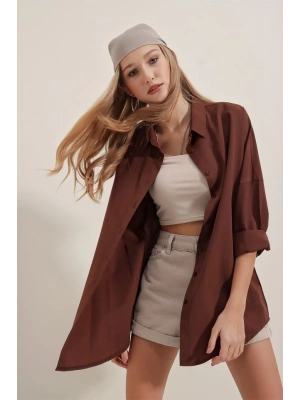 3900 Oversize Uzun Basic Gömlek  Kahverengi