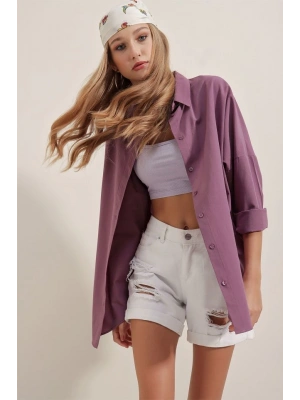 3900 Oversize Uzun Basic Gömlek  Koyu Lila