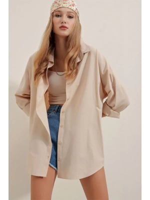 3900 Oversize Uzun Basic Gömlek  Krem