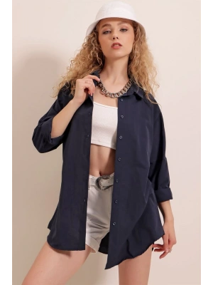 3900 Oversize Uzun Basic Gömlek  Lacivert
