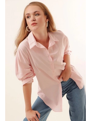 3900 Oversize Uzun Basic Gömlek  Pudra