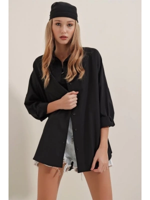 3900 Oversize Uzun Basic Gömlek  Siyah
