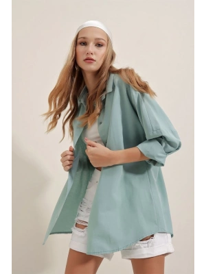 3900 Oversize Uzun Basic Gömlek  Su Yeşili
