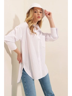 3952 Arkası Düğmeli Boyfriend Gömlek  Beyaz