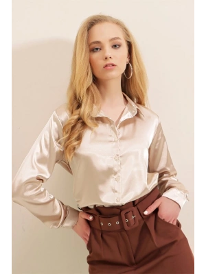 3964 Hafif Dökümlü Saten Gömlek  Bej