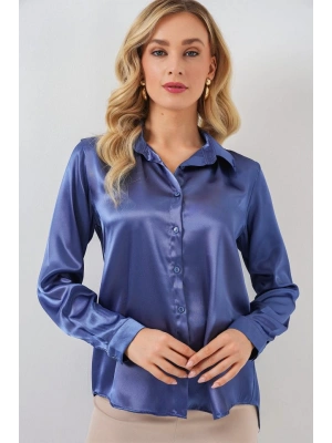 3964 Hafif Dökümlü Saten Gömlek  C.Lacivert