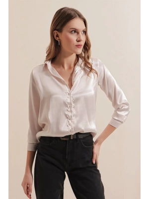 3964 Hafif Dökümlü Saten Gömlek  Krem