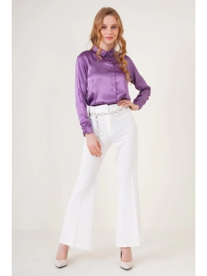 3964 Hafif Dökümlü Saten Gömlek  Mor