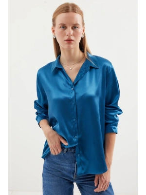 3964 Hafif Dökümlü Saten Gömlek  Petrol