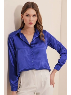 3964 Hafif Dökümlü Saten Gömlek  Saks