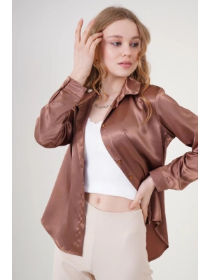 3964 Hafif Dökümlü Saten Gömlek  Taba