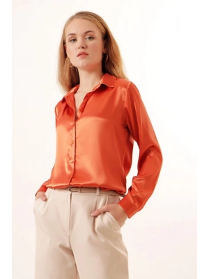 3964 Hafif Dökümlü Saten Gömlek  Turuncu