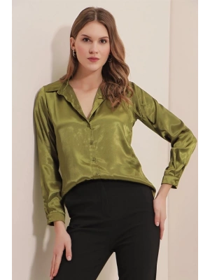3964 Hafif Dökümlü Saten Gömlek  Y.Haki