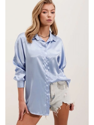 3985 Oversize Saten Gömlek  Mavi