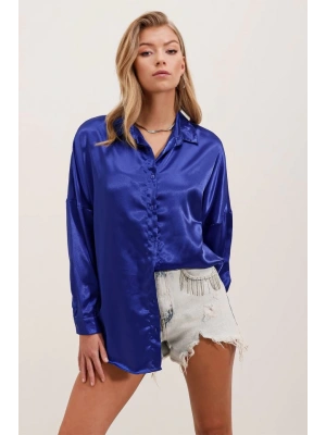 3985 Oversize Saten Gömlek  Saks