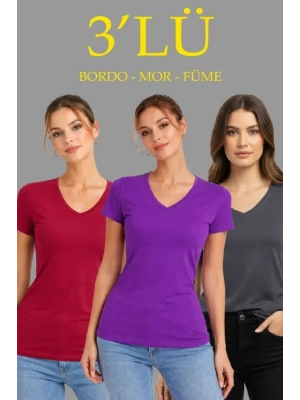 3lü V Yaka Tişört – Kısa Kollu Yazlık lim Fit Body  Bordo, or, Füme