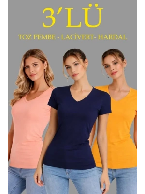 3lü V Yaka Tişört – Kısa Kollu Yazlık lim Fit Body  Toz Pembe, acivert, Hardal