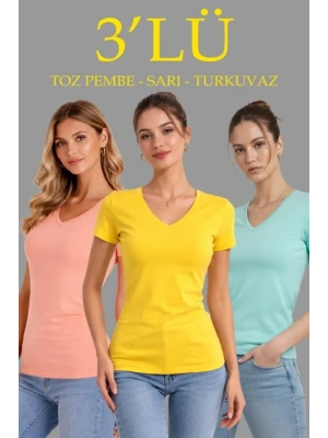 3lü V Yaka Tişört – Kısa Kollu Yazlık lim Fit Body  Toz Pembe, arı, Turkuvaz