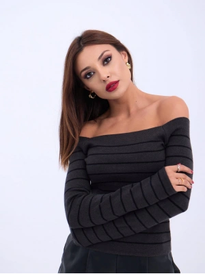 4206 TRİKO ÇİZGİLİ KAYIK YAKA CROPANTRASİTSİYAH