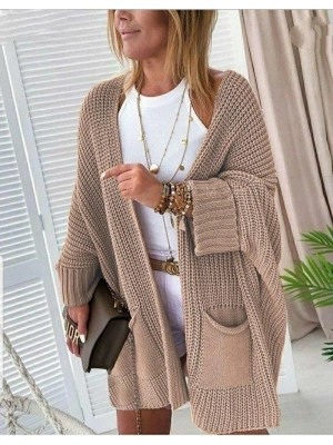 4Oversize Kalıp Cepli Salaş Triko Hırka BEJ