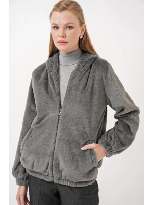 5091 Kapşonlu Kürklü İçi Astarlı Mont  Antrasit