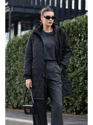 51 Kapitone Uzun Şişme Mont  Siyah