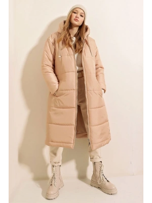 5120 Kapşonlu Uzun Şişme Mont  Vizon