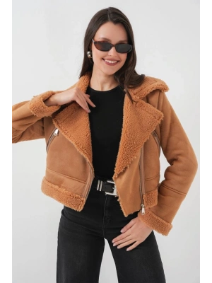 5155 Kruvaze Yaka Suni Kürklü Deri Mont  A.Kahve
