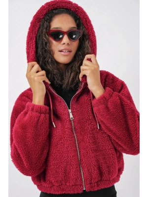 5193 Kapüşonlu Peluş Crop Ceket  Bordo