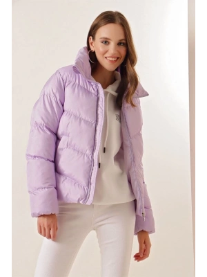 5205 Dik Yaka Fermuarlı Şişme Mont  Lila