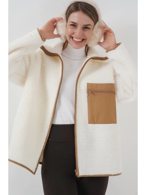 55446 Fermuarlı Oversize Peluş Ceket Mont  Camel