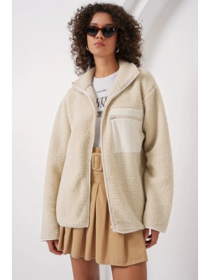 55446 Fermuarlı Oversize Peluş Ceket Mont  Krem