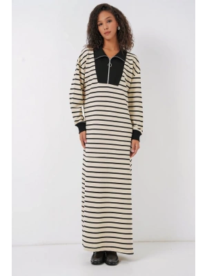 55453 Fermuar Detaylı Çizgili Uzun Elbise  Siyah