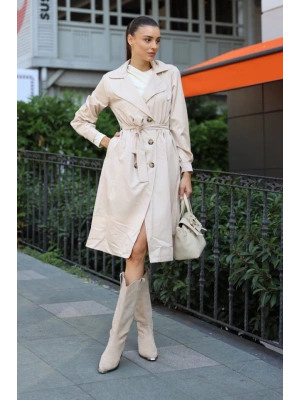 5853 Kruvaze Yaka Trençkot  Bej