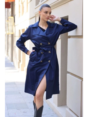 5853 Kruvaze Yaka Trençkot  Lacivert