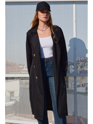 5853 Kruvaze Yaka Trençkot  Siyah