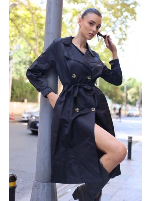 5853 Kruvaze Yaka Trençkot  Siyah