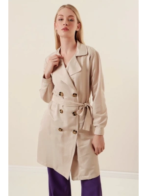 5864 Kruvaze Yaka Kısa Trençkot  Bej