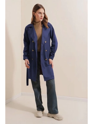 5864 Kruvaze Yaka Kısa Trençkot  Lacivert