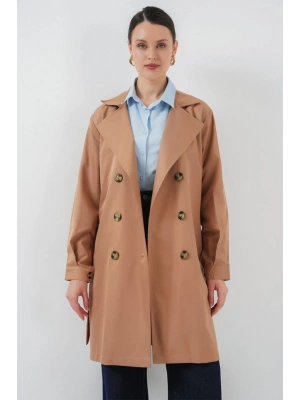 5864 Kruvaze Yaka Kısa Trençkot  Taba