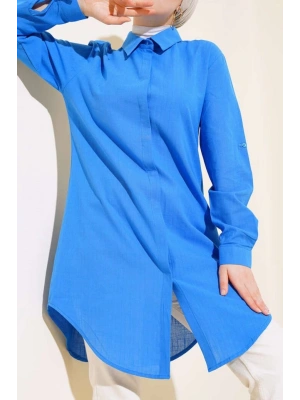 5885 Uzun Keten Gömlek  Saks